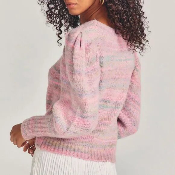LoveShackFancy Aquarius Pullover Knit Sweater Crew Neck Long Puff Sleeve Pink M - Picture 7 of 13